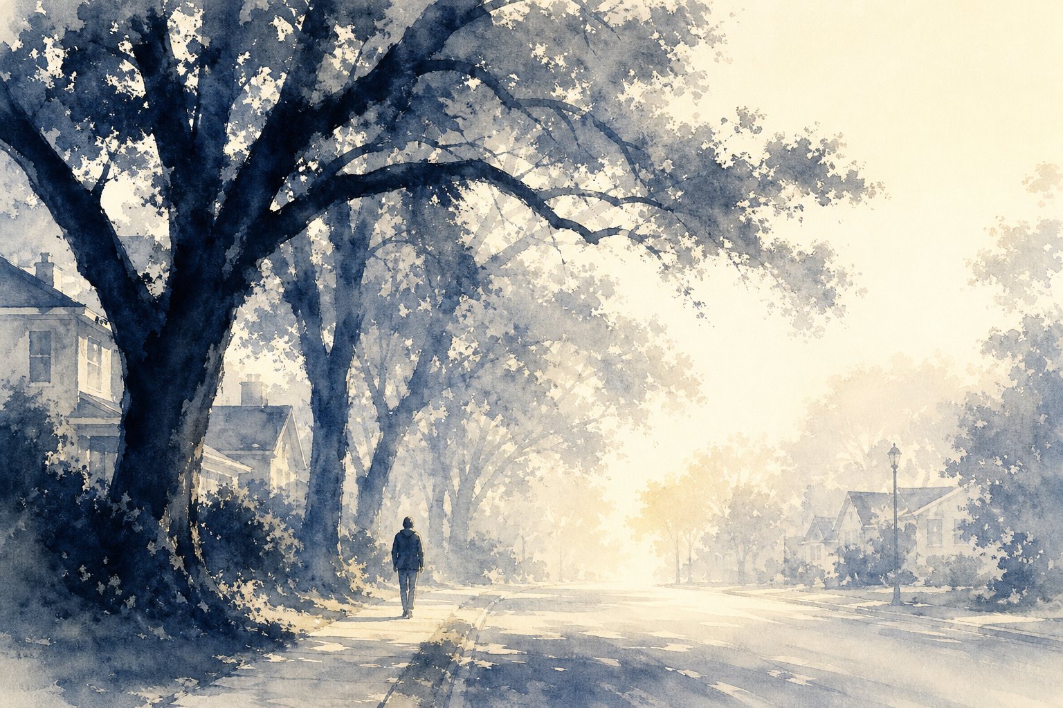 Ink-wash illustration of a quiet tree-lined street in morning light, a lone figure walking toward the brightness
