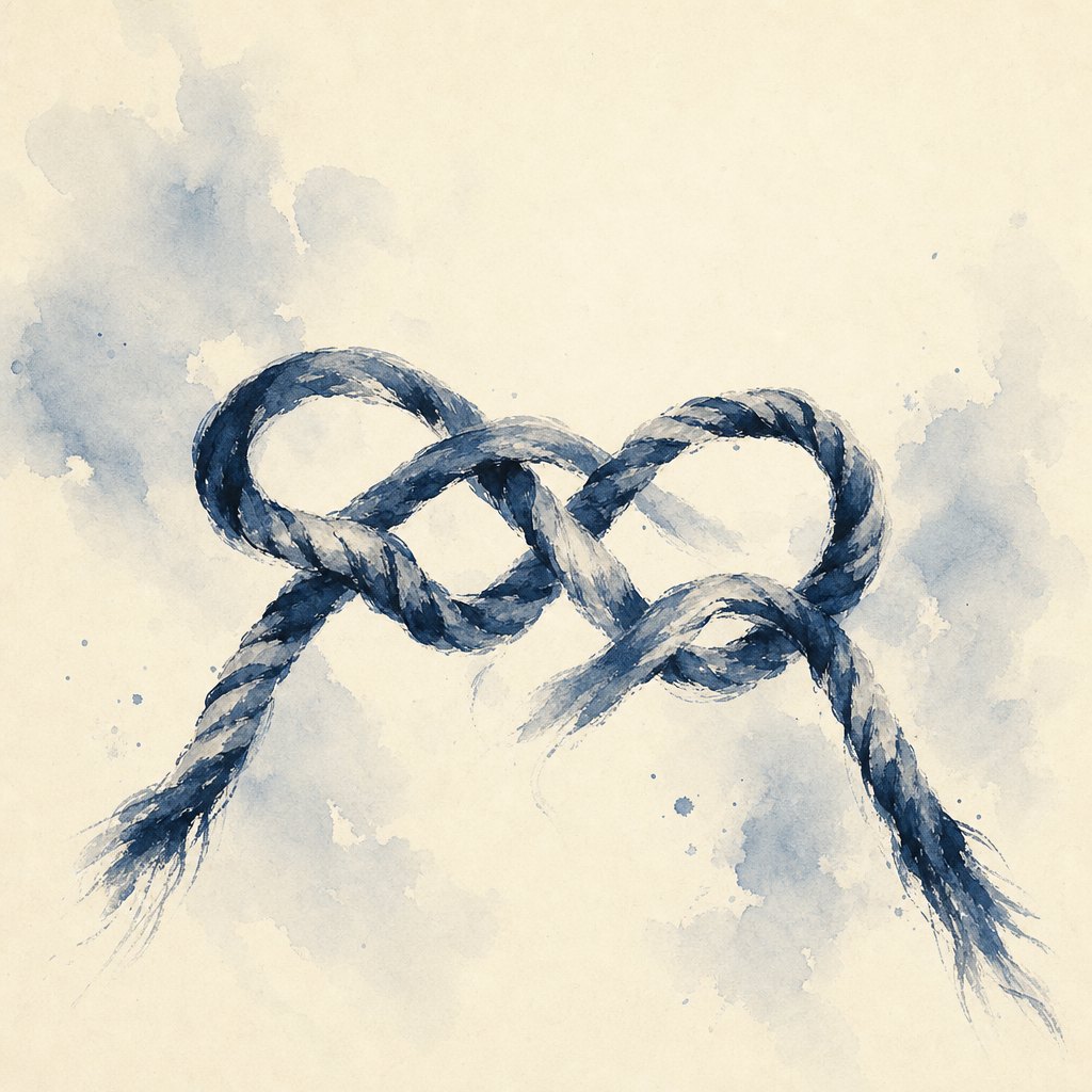 Ink-wash illustration of a knot loosening, its ends coming free