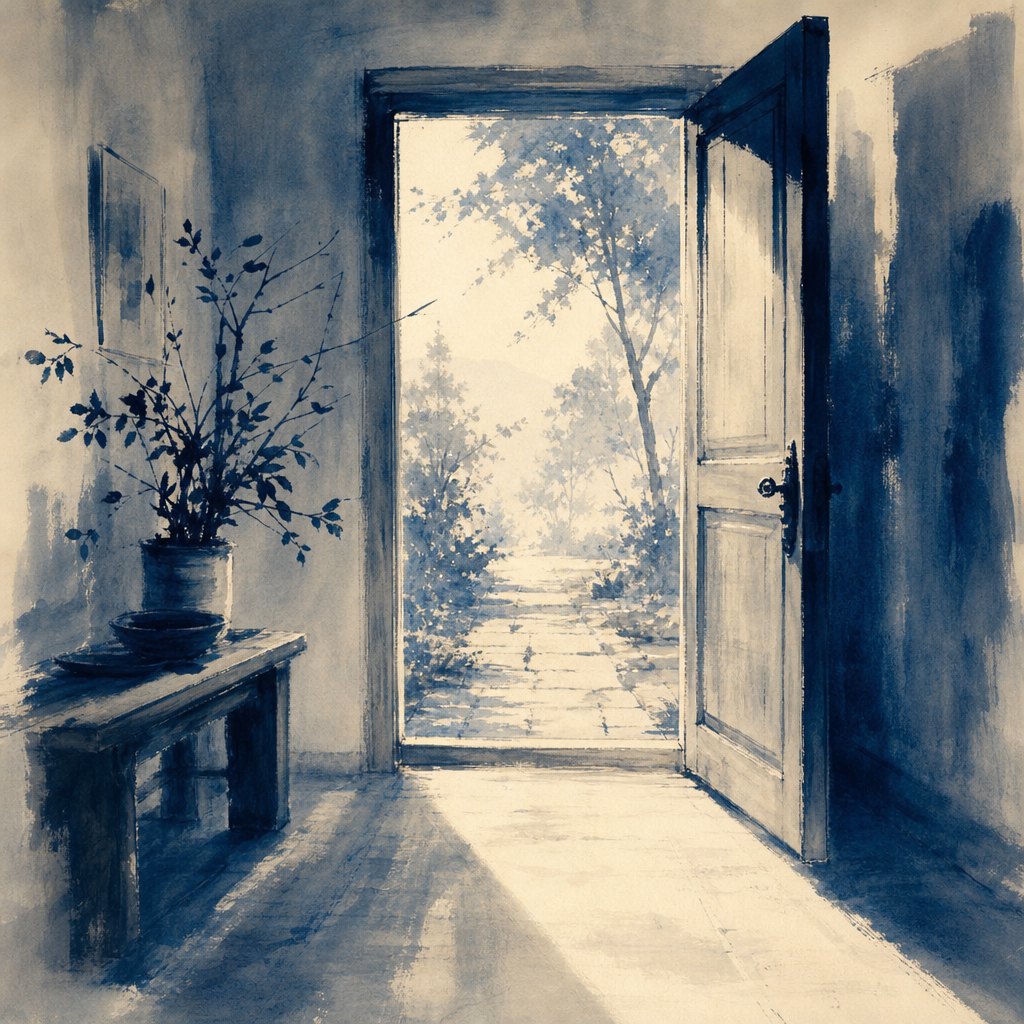Ink-wash illustration of an open front door with morning light spilling in from outside